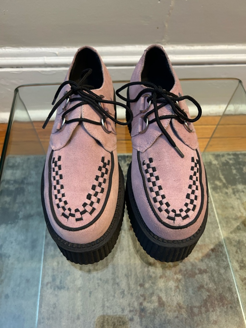 T.U.K. Pink Suede Creeper Loafers with Black Trim